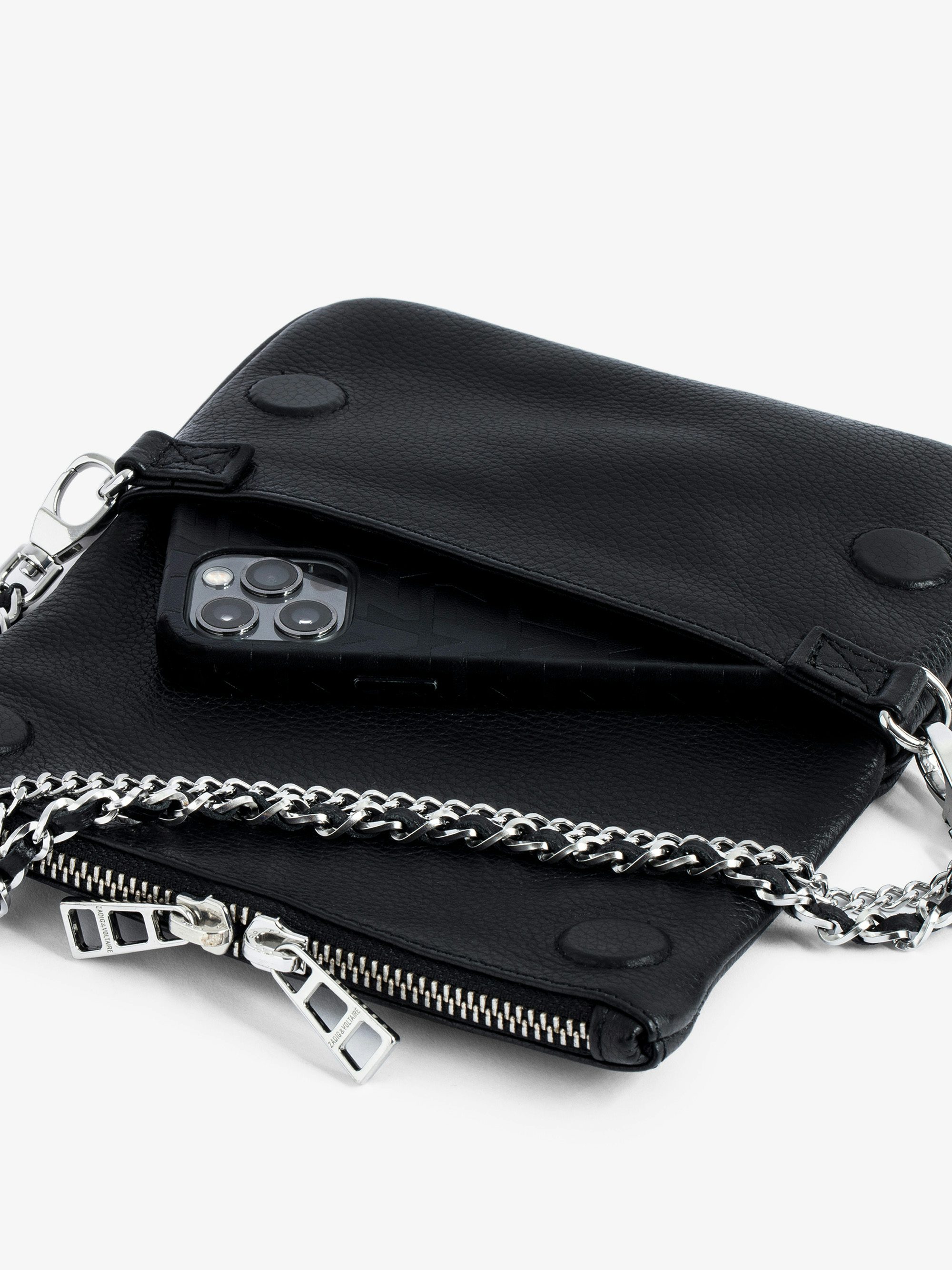 Rock Nano Clutch - Grained leather clutch with double leather and metal chains and rhinestone-adorned wings.